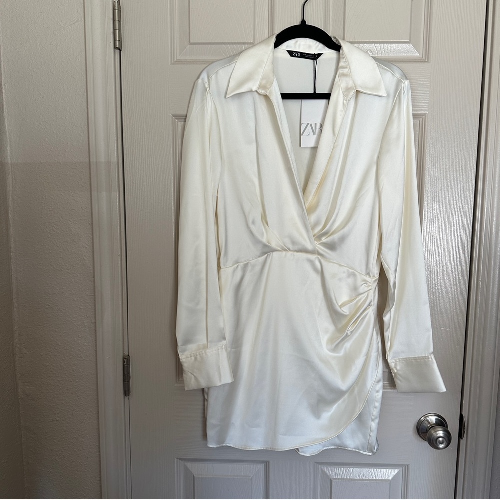 NWT zara ivory cream satin draped shirt dress size medium